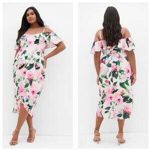 City Chic Love Me Do Midi Dress Plus Size 16 Pink Floral Cold Shoulder Wedding